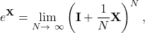 \begin{equation*} e^\mathbf{X}=\lim_{N\rightarrow~\infty}\left(\mathbf{I}+\frac{1}{N}\mathbf{X}\right)^N, \end{equation*}