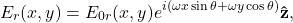 \begin{equation*} E_{r}(x,y)=E_{0r}(x,y)e^{i\left(\omega x\sin\theta+\omega y\cos\theta\right)}\mathbf{\hat{z}}, \end{equation*}